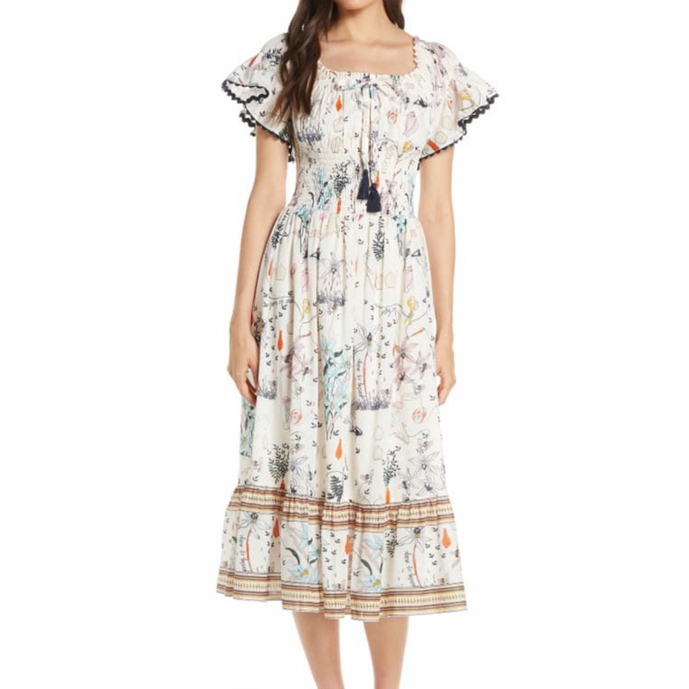 Tory Burch Poetry of Things Floral Print Cotton Midi Dress Off the Shoulder M